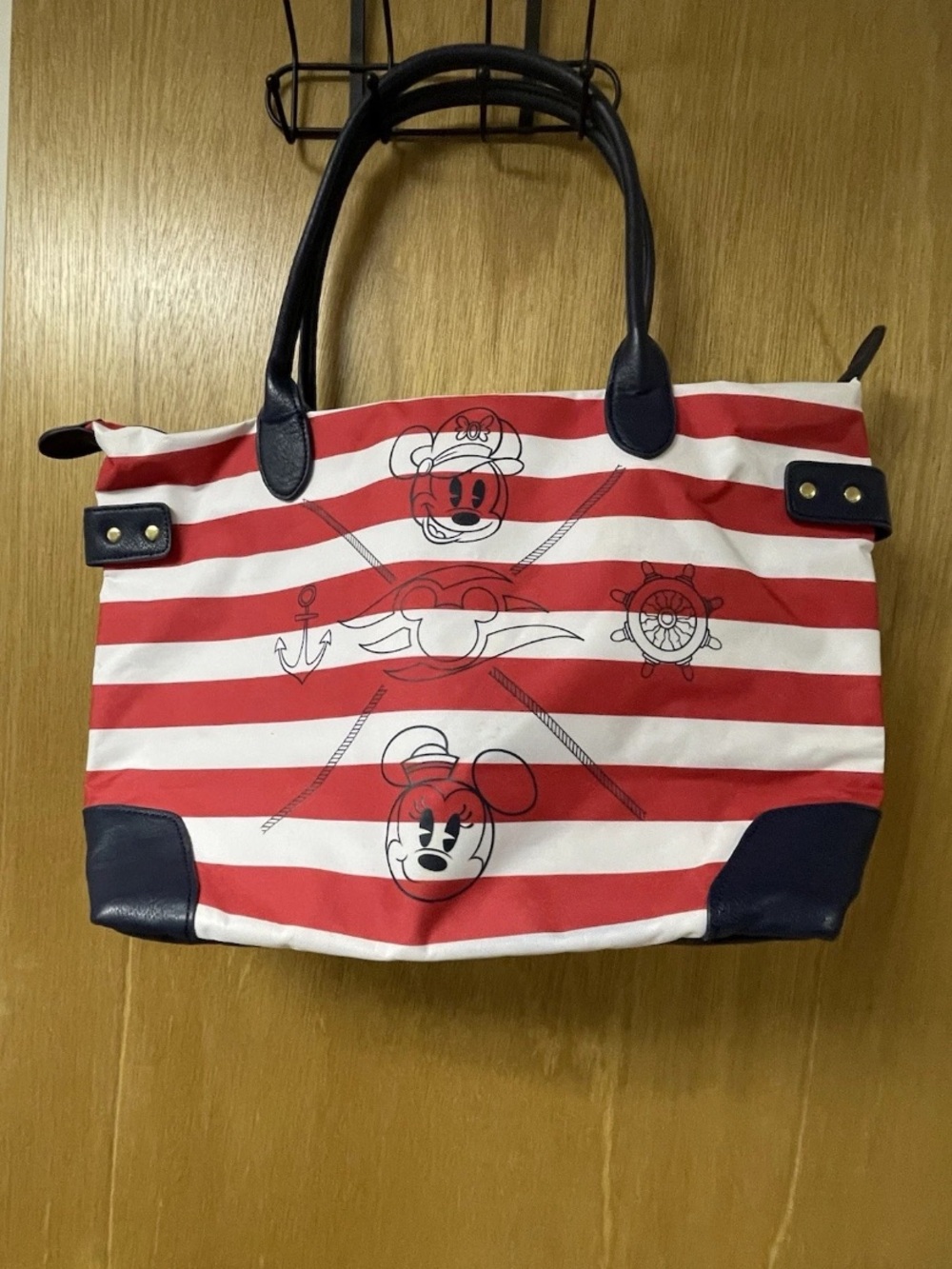 Disney Cruise Line Red White Striped Nautical Tote Bag Blue Faux Leather Handles